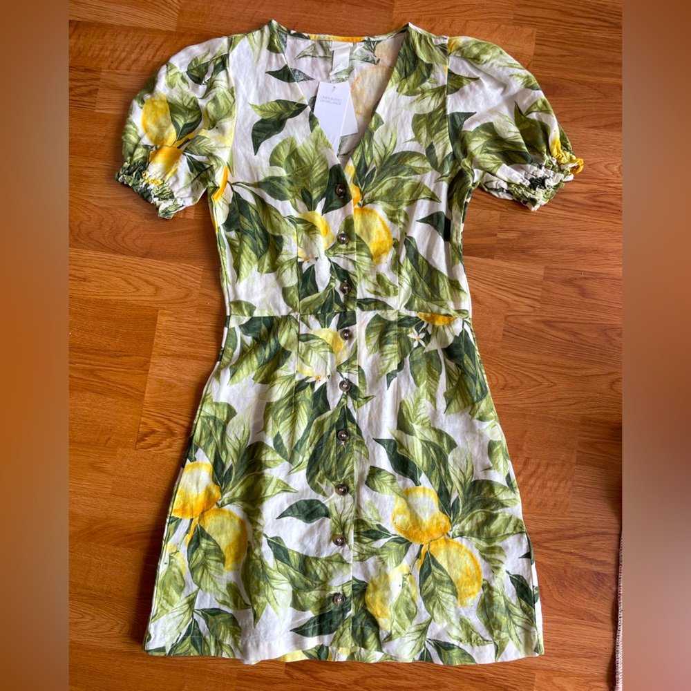 H&M Lemon Puff Sleeve Linen Blend Dress Size XS